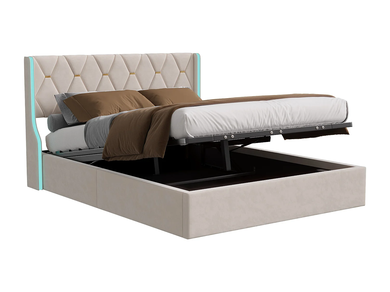 Lit double capitonné 160 x 200 cm avec tête de lit LED, lit coffre avec sommier à lattes et coffre de lit, PU, ​​gris