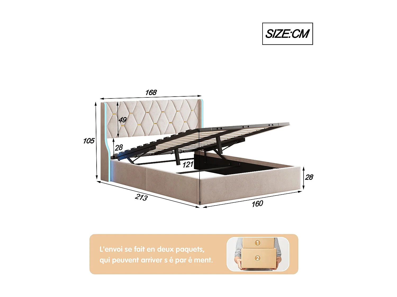 Lit double capitonné 160 x 200 cm avec tête de lit LED, lit coffre avec sommier à lattes et coffre de lit, PU, ​​gris