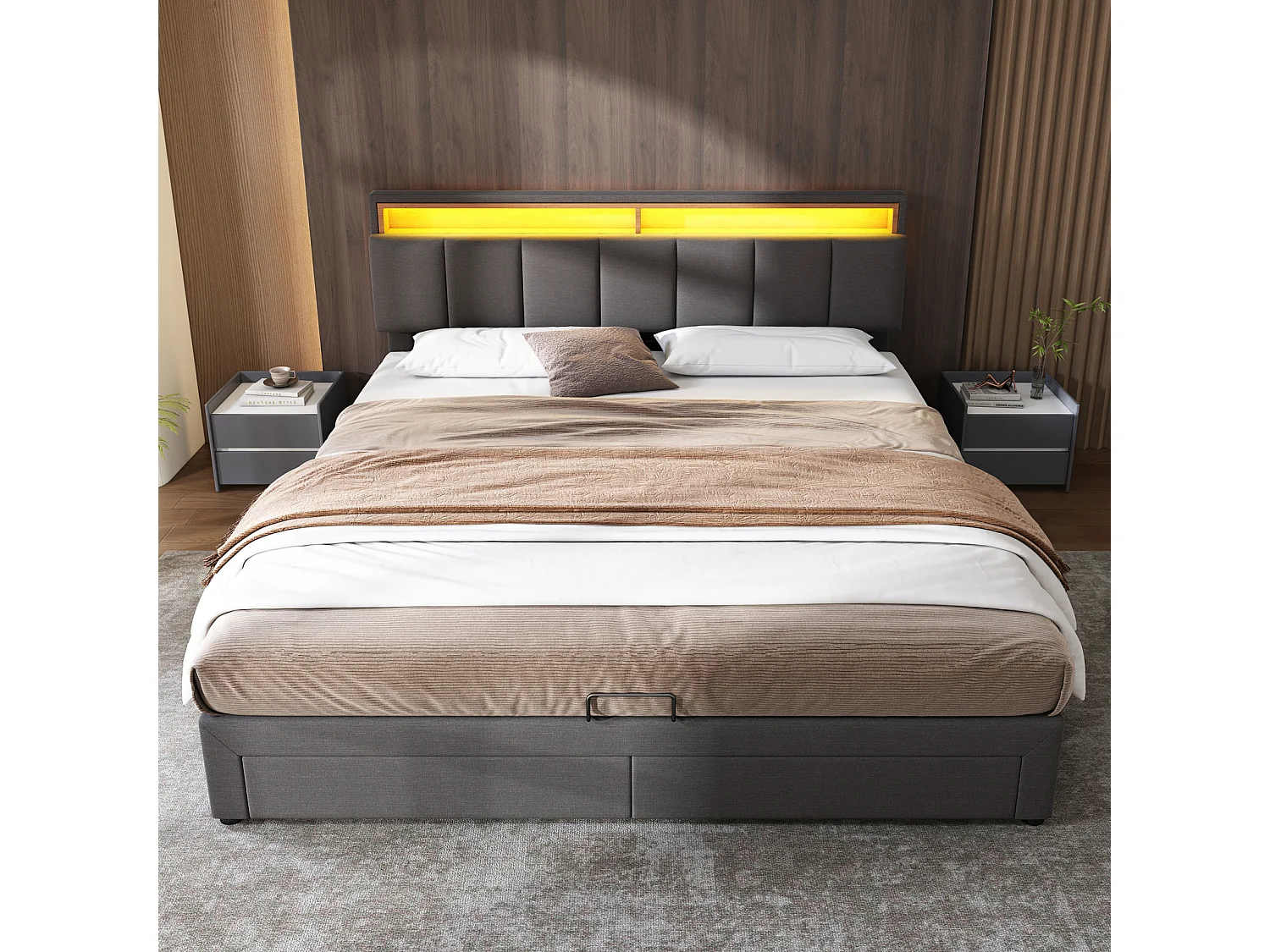 Lit rembourré 180x200 cm, LED, coffre hydraulique, sommier lattes, tiroirs, sans matelas