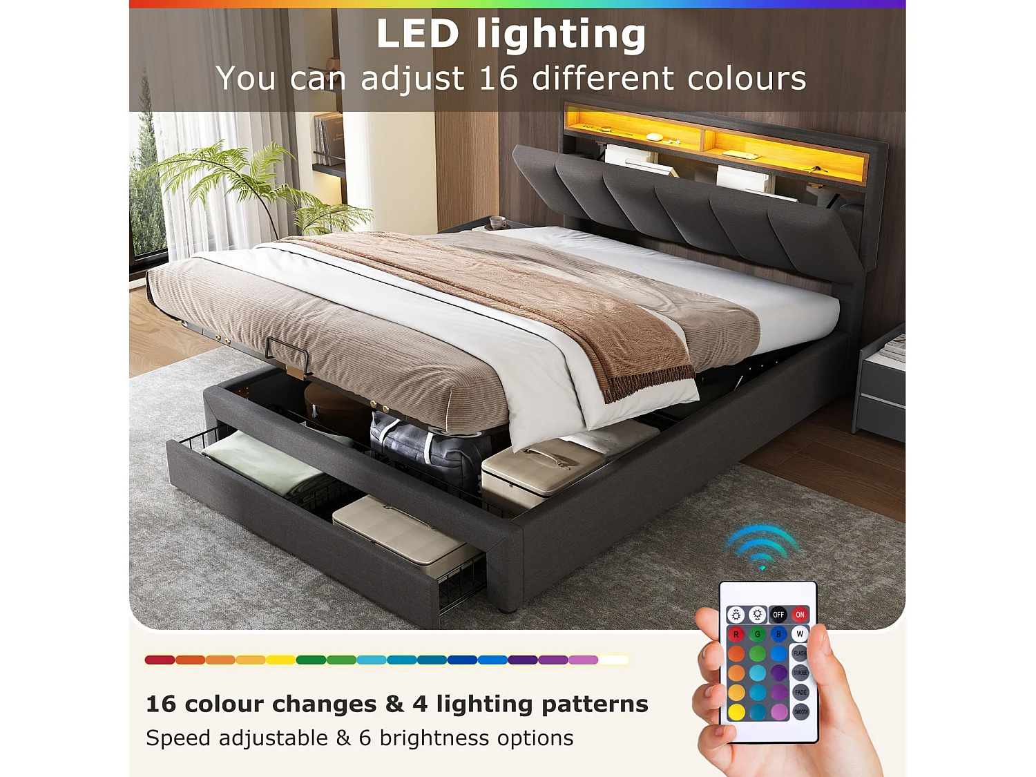 Lit rembourré 180x200 cm, LED, coffre hydraulique, sommier lattes, tiroirs, sans matelas
