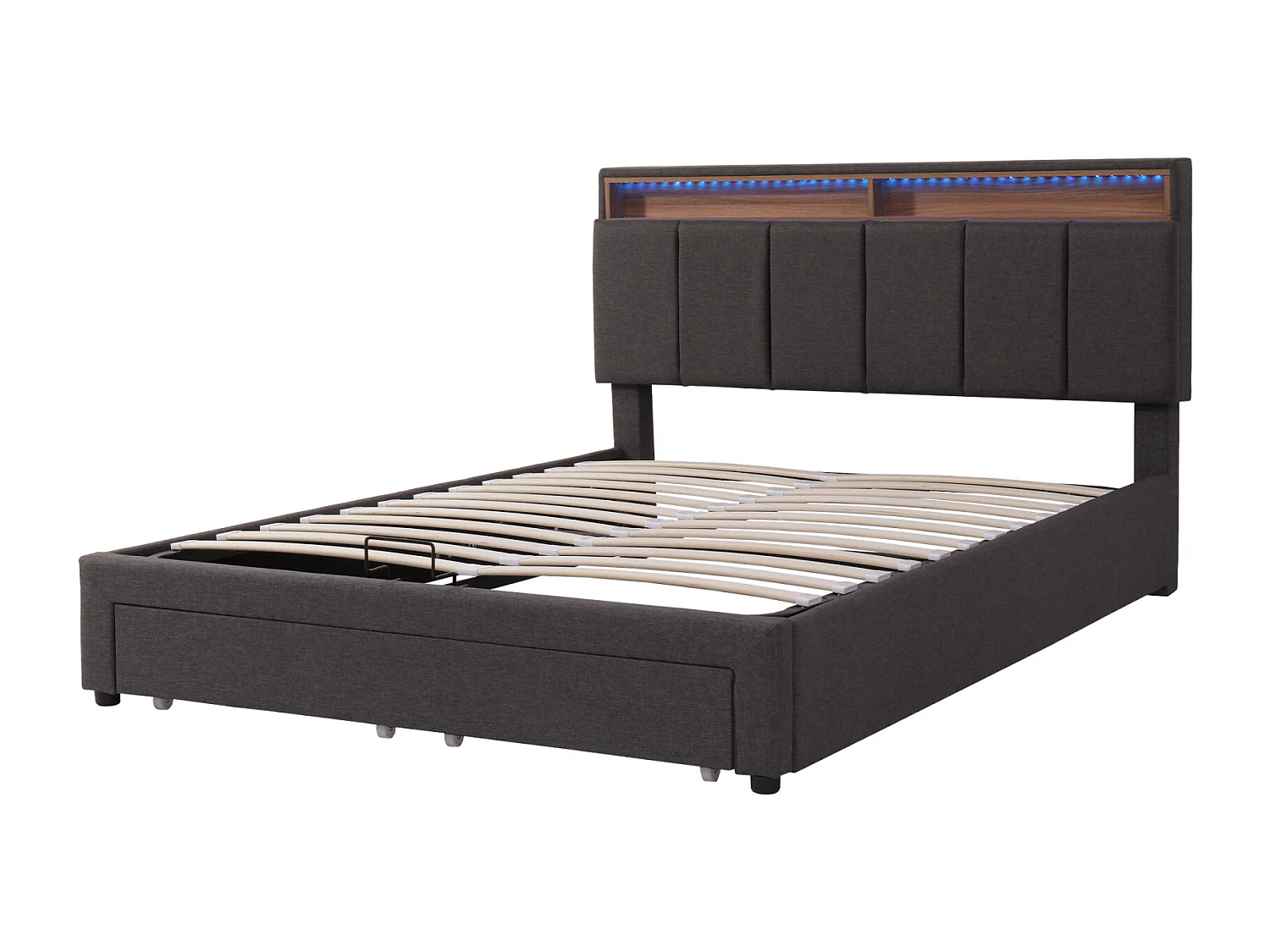 Lit rembourré 180x200 cm, LED, coffre hydraulique, sommier lattes, tiroirs, sans matelas