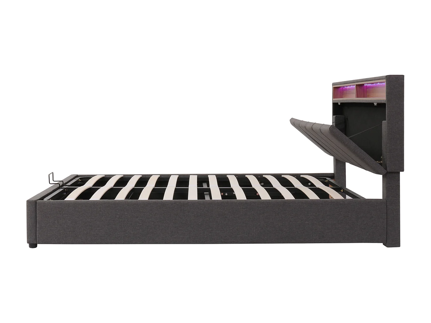 Lit rembourré 180x200 cm, LED, coffre hydraulique, sommier lattes, tiroirs, sans matelas