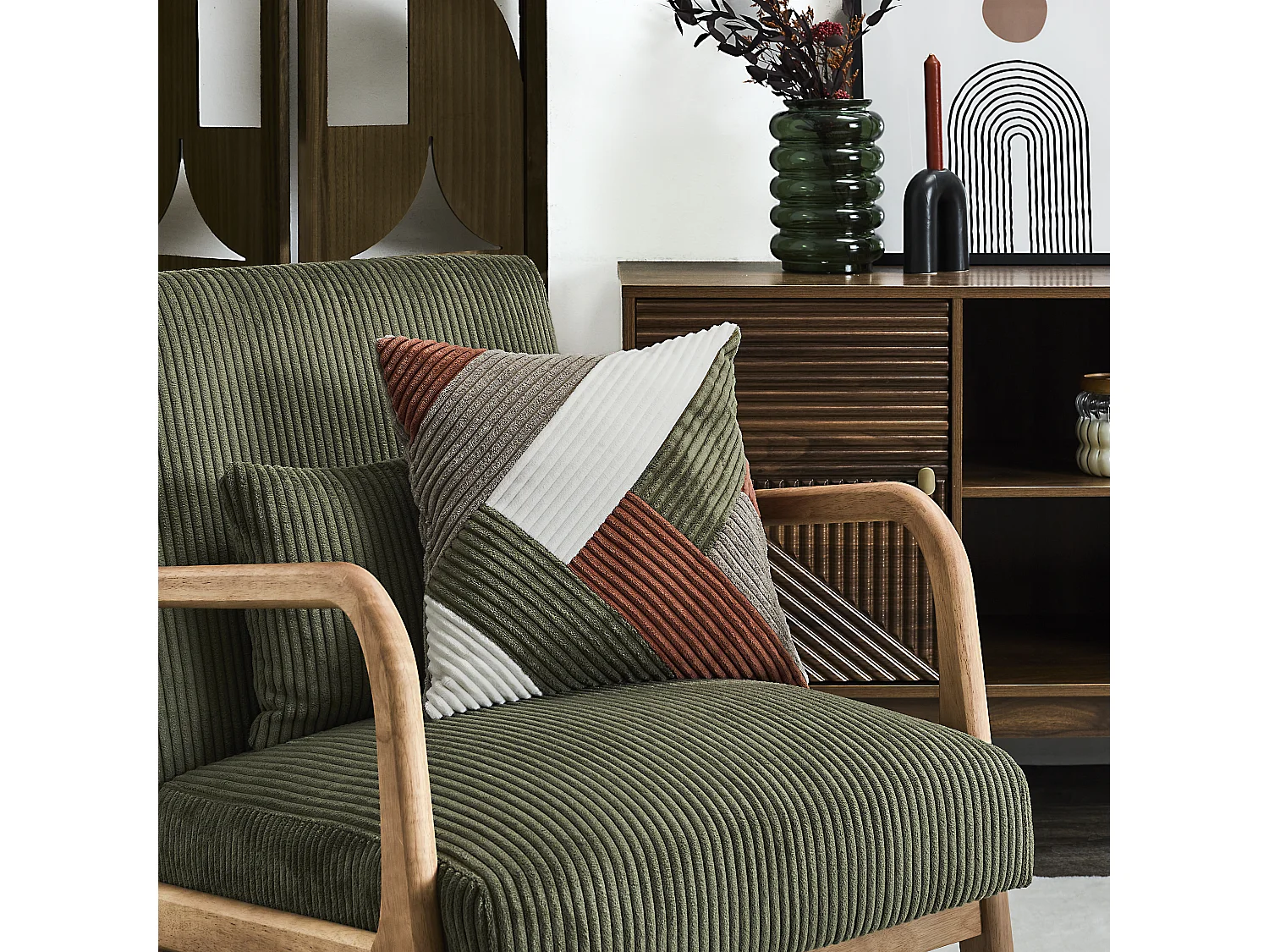 Coussin Patchwork Scott Marron, Blanc, Vert