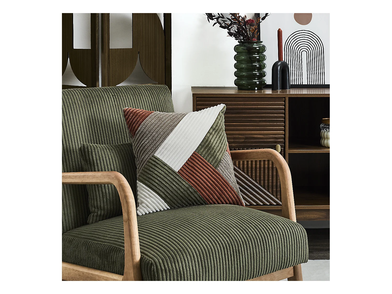 Coussin Patchwork Scott Marron, Blanc, Vert