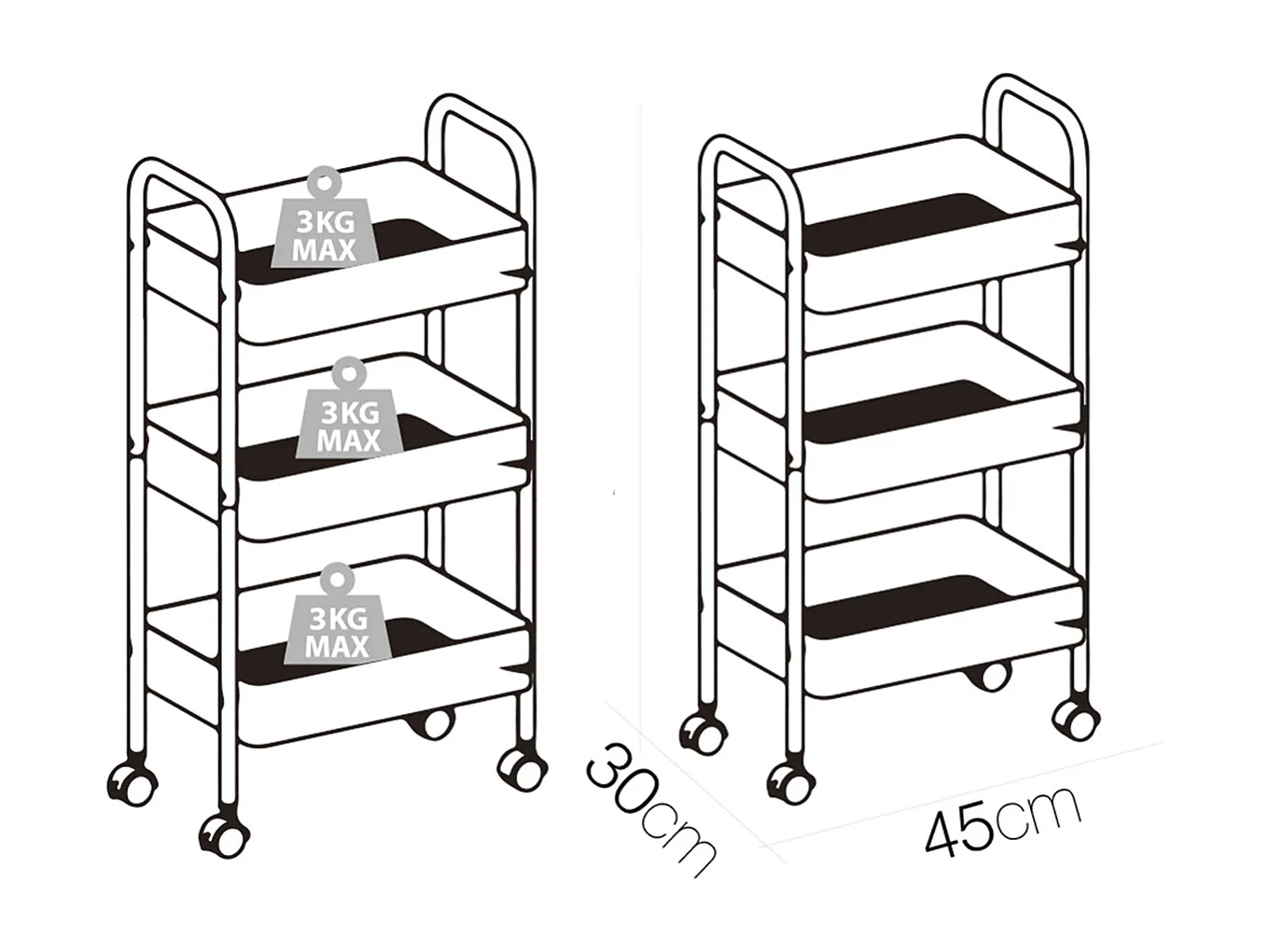 Chariot de service en métal blanc à 3 plateaux avec roues pivotantes, desserte cuisine à roulettes - Longueur 45 x profondeur 30 x Hauteur 78 cm