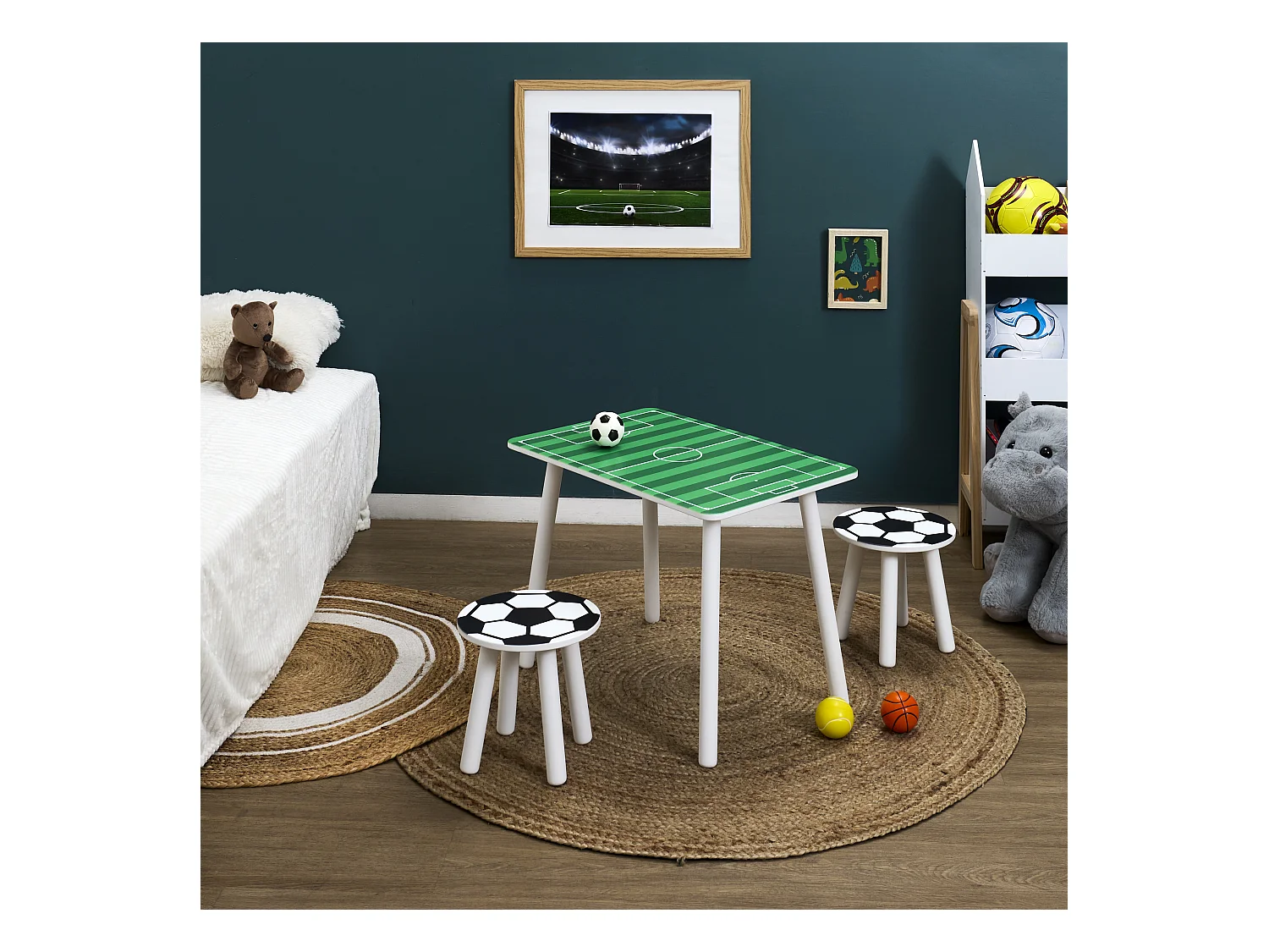 Table Et 2 Tabourets Foot Vert, Noir, Blanc