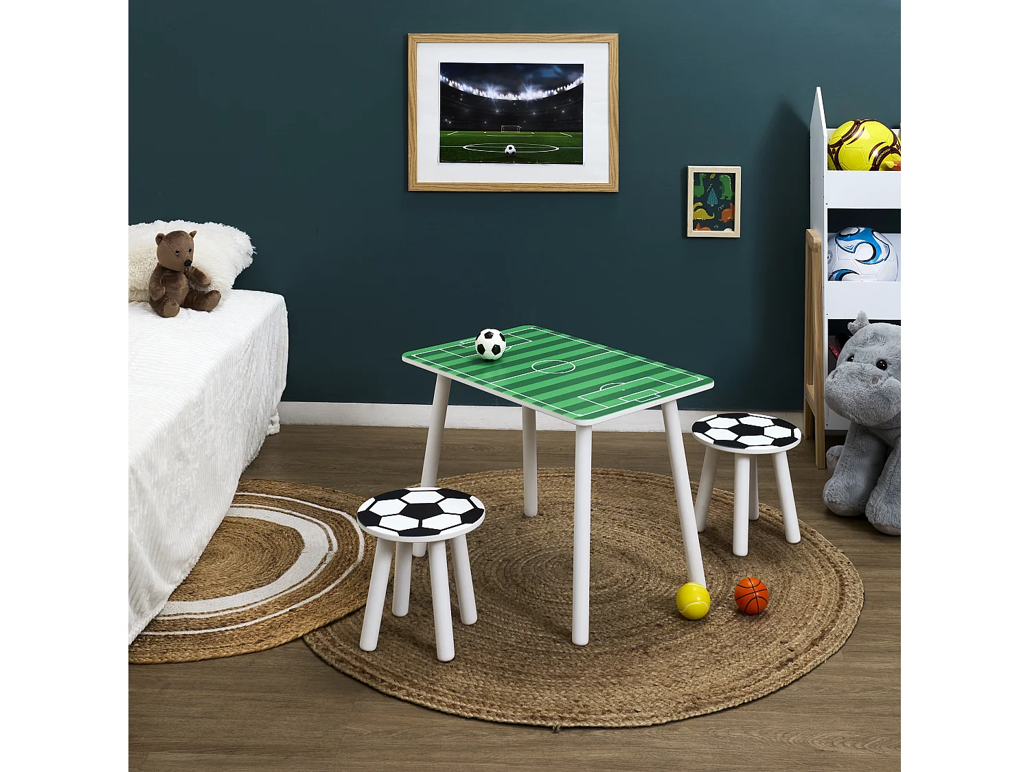 Table Et 2 Tabourets Foot Vert, Noir, Blanc