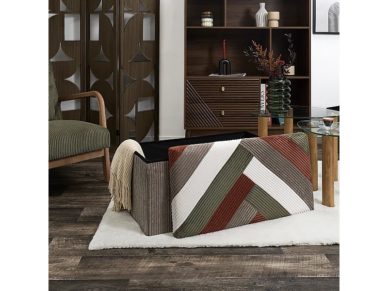 Coffre Banc Pliable Patchwork Cotele Scott Beige, Gris, Rouge, Vert