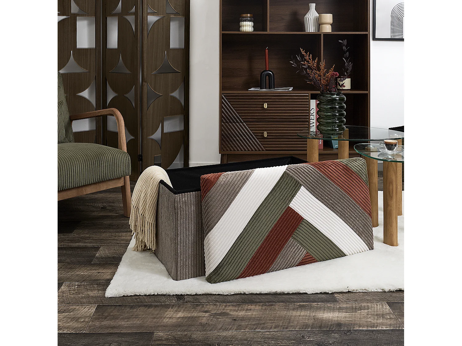 Coffre Banc Pliable Patchwork Cotele Scott Beige, Gris, Rouge, Vert