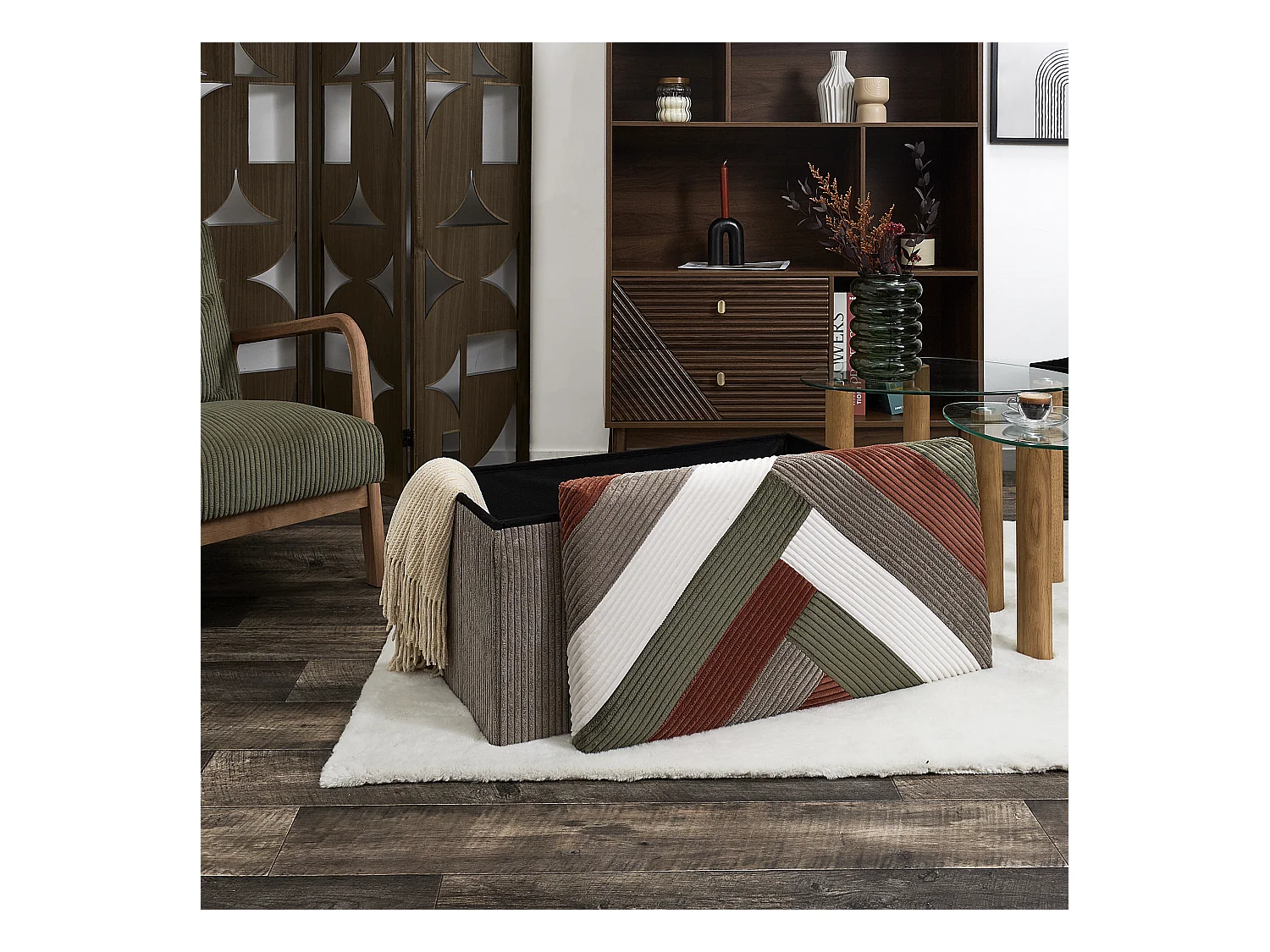 Coffre Banc Pliable Patchwork Cotele Scott Beige, Gris, Rouge, Vert