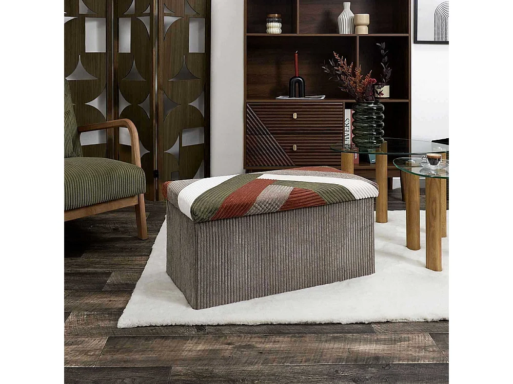 Coffre Banc Pliable Patchwork Cotele Scott Beige, Gris, Rouge, Vert