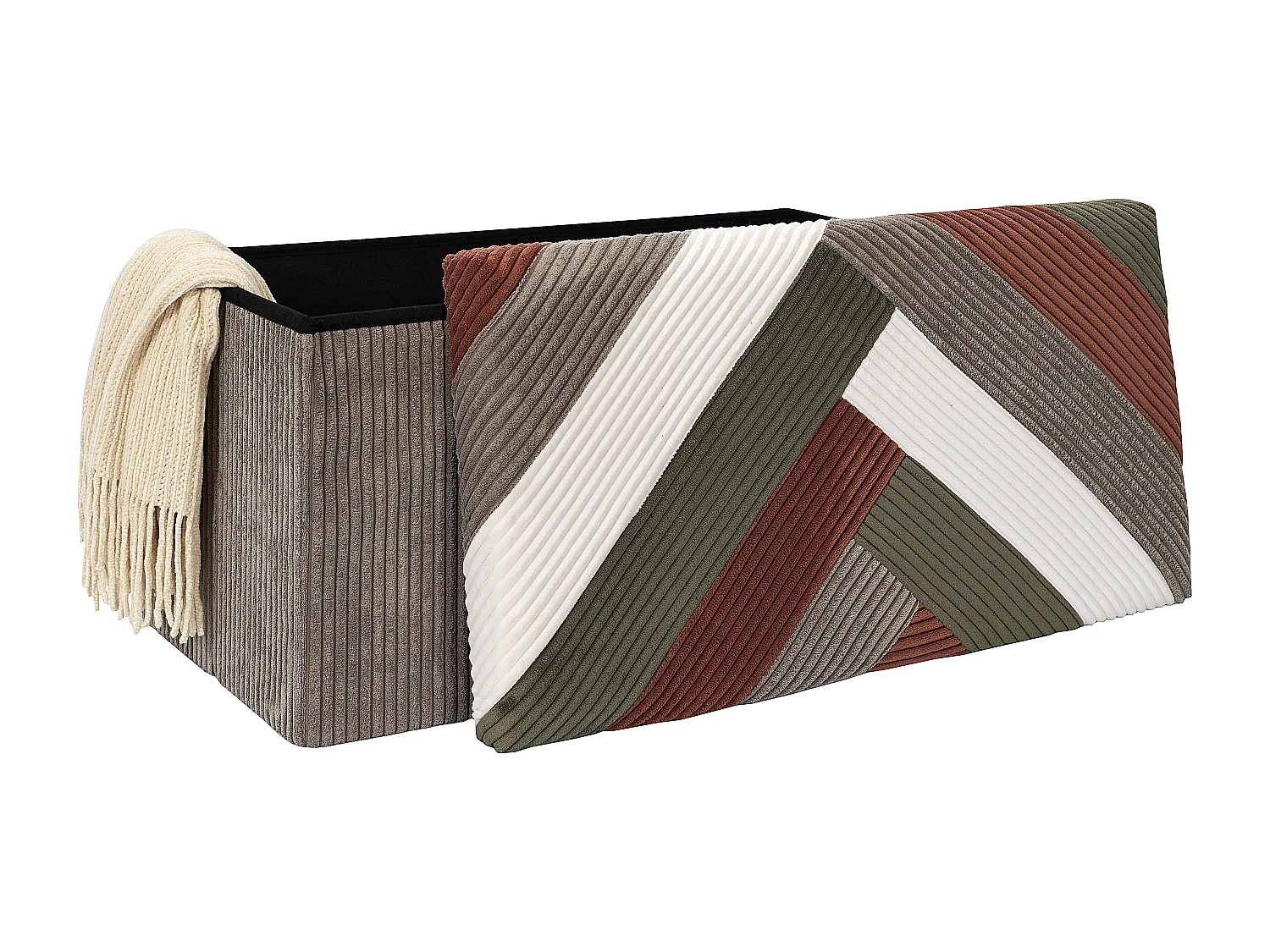 Coffre Banc Pliable Patchwork Cotele Scott Beige, Gris, Rouge, Vert