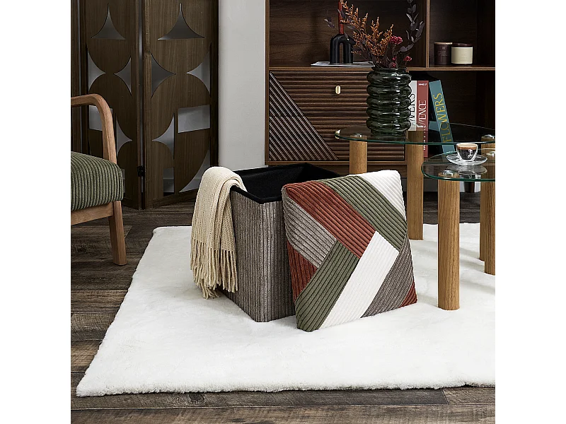 Coffre Pouf Pliable Patchwork Cotele Scott Beige, Gris, Rouge, Vert