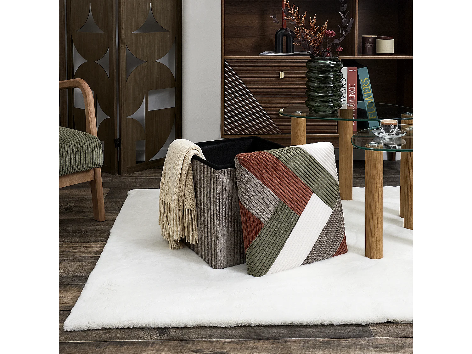 Coffre Pouf Pliable Patchwork Cotele Scott Beige, Gris, Rouge, Vert