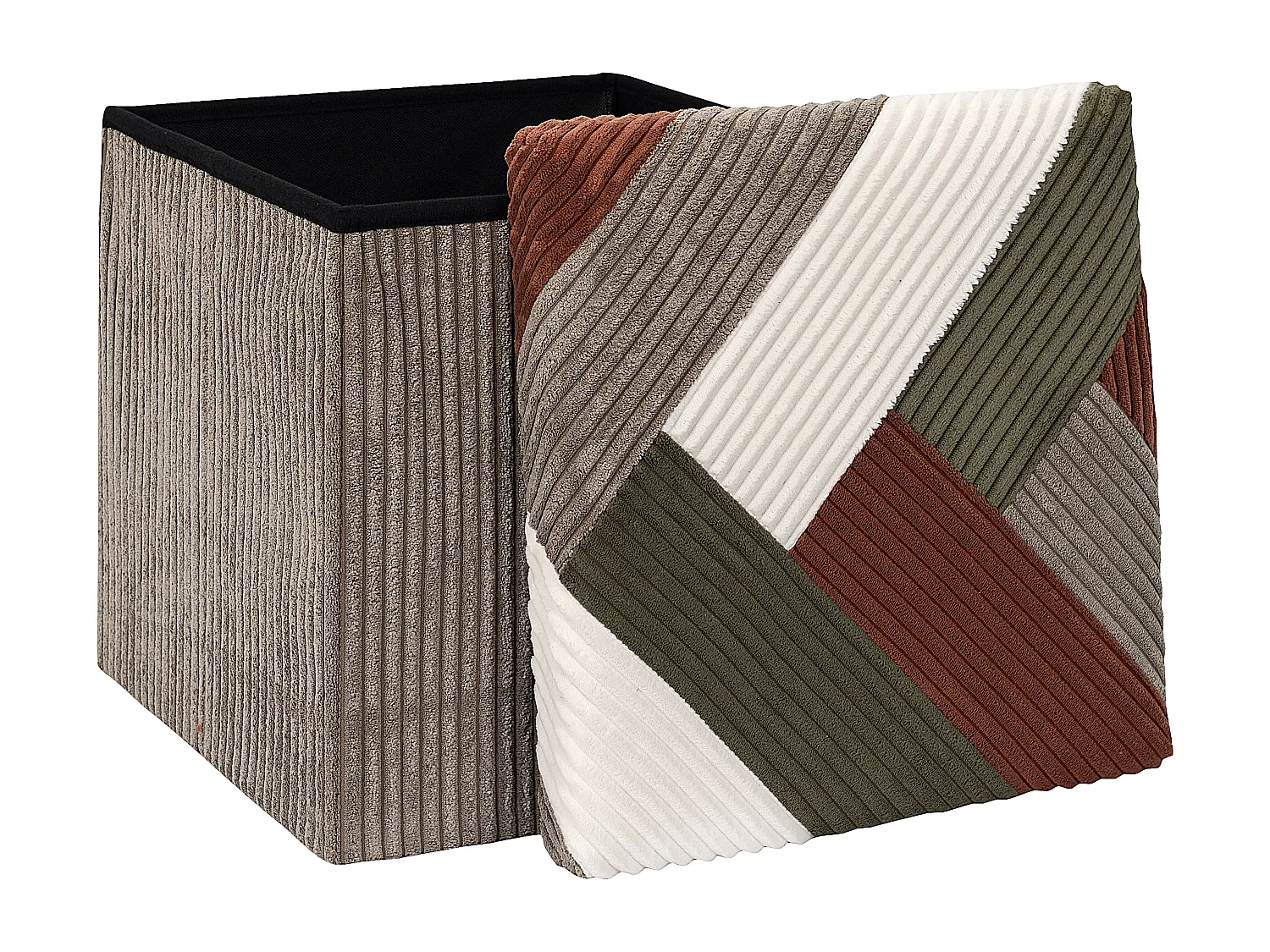 Coffre Pouf Pliable Patchwork Cotele Scott Beige, Gris, Rouge, Vert