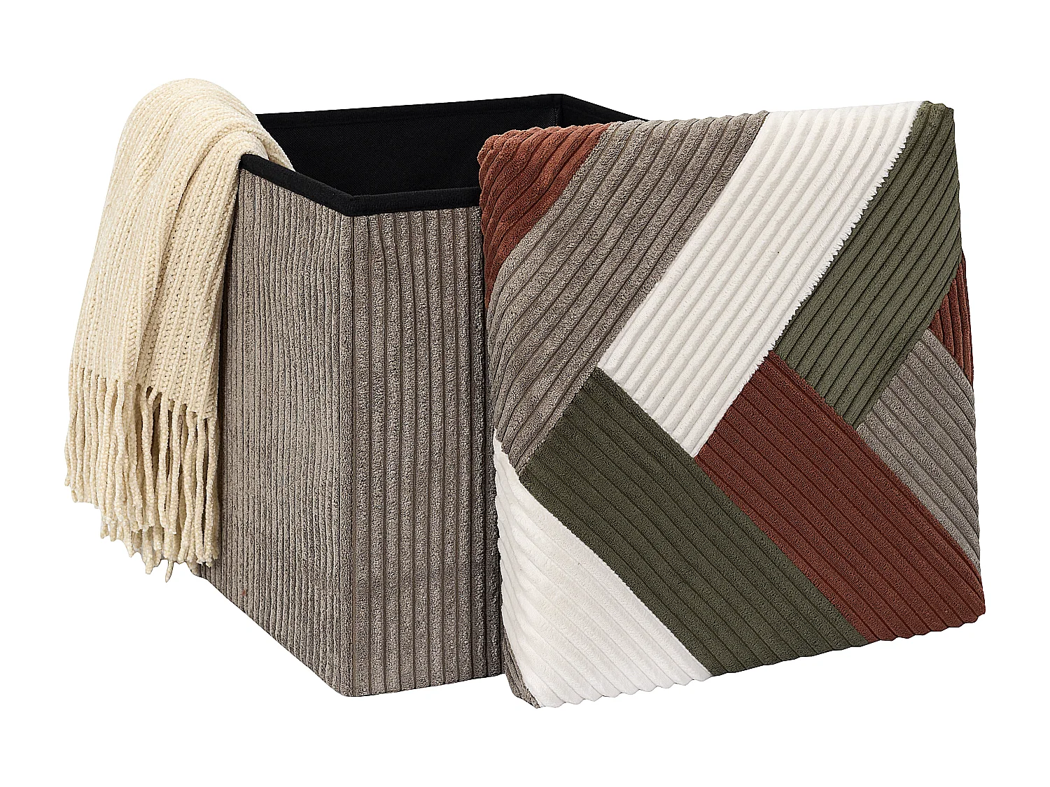 Coffre Pouf Pliable Patchwork Cotele Scott Beige, Gris, Rouge, Vert