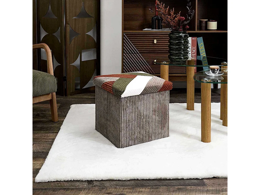 Coffre Pouf Pliable Patchwork Cotele Scott Beige, Gris, Rouge, Vert