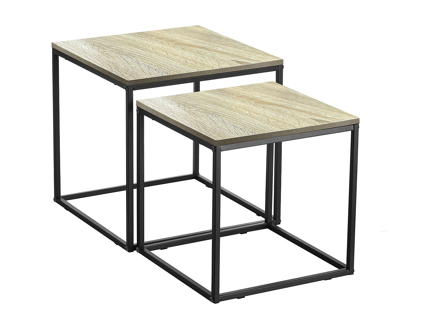 Lot de 2 tables d'appoint carrées, bout de canapé moderne en bois coloris chêne avec pieds métal - Longueur 40 x profondeur 40 x Hauteur 42 cm