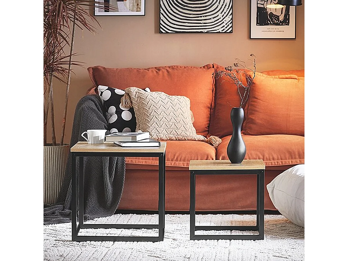 Lot de 2 tables d'appoint carrées, bout de canapé moderne en bois coloris chêne avec pieds métal - Longueur 40 x profondeur 40 x Hauteur 42 cm