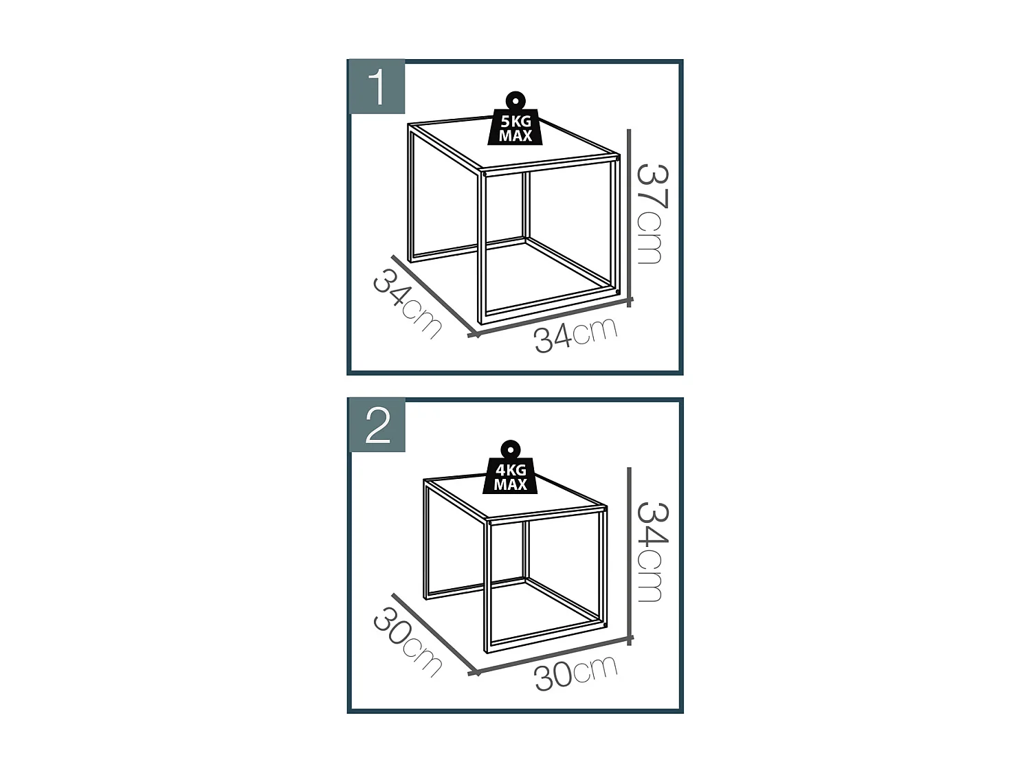 Lot de 2 tables d'appoint carrées, bout de canapé moderne en bois avec pieds métal - Longueur 34 x profondeur 34 x Hauteur 37 cm