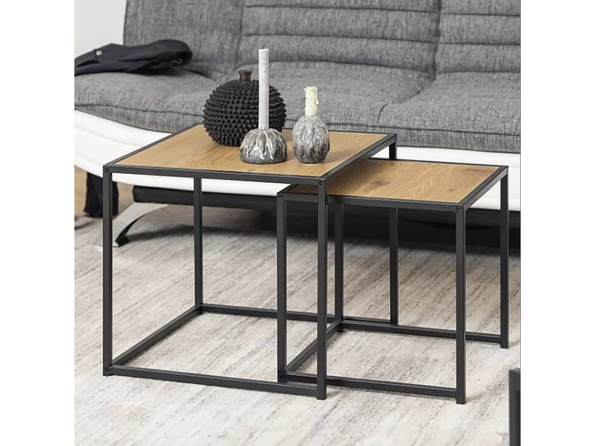 Lot de 2 tables d'appoint carrées, bout de canapé moderne en bois avec pieds métal - Longueur 34 x profondeur 34 x Hauteur 37 cm