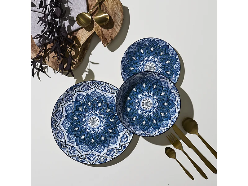 Service Vaisselle 12pcs Mandala Bleu Bleu
