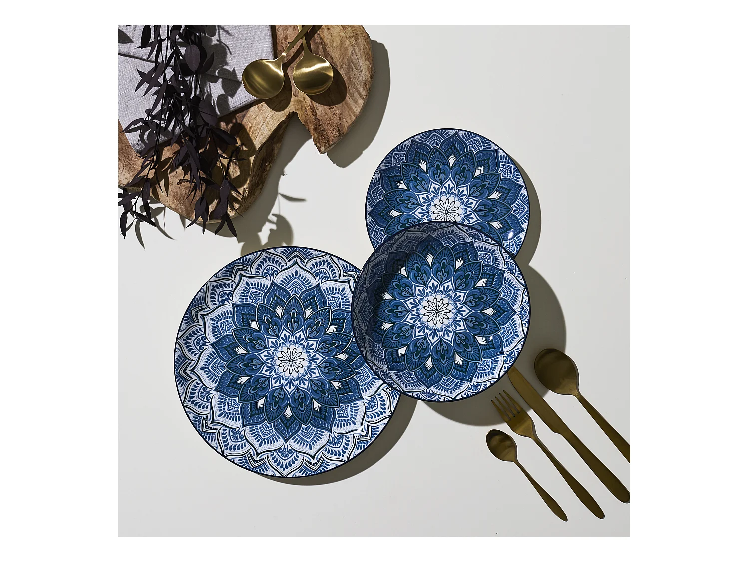 Service Vaisselle 12pcs Mandala Bleu Bleu