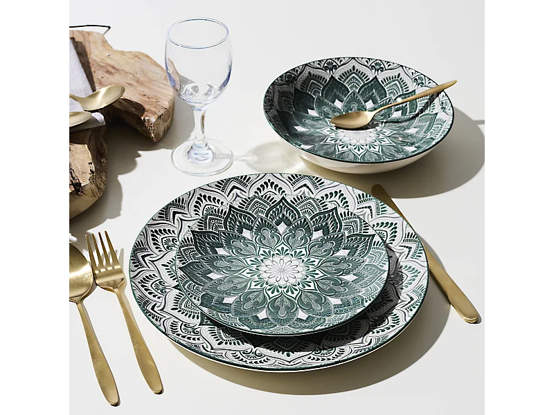 Service Vaisselle 12pcs Mandala Vert Vert