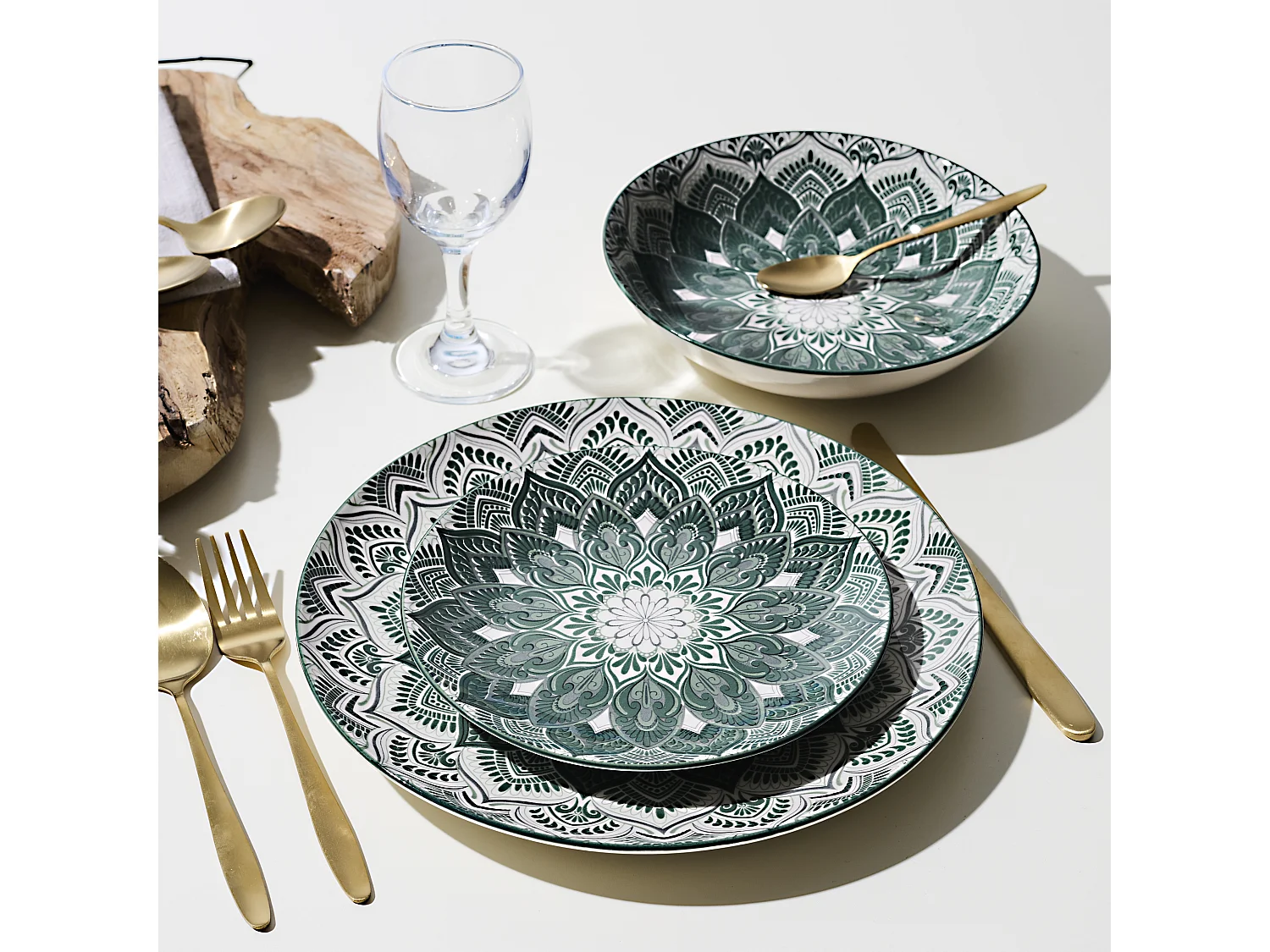 Service Vaisselle 12pcs Mandala Vert Vert
