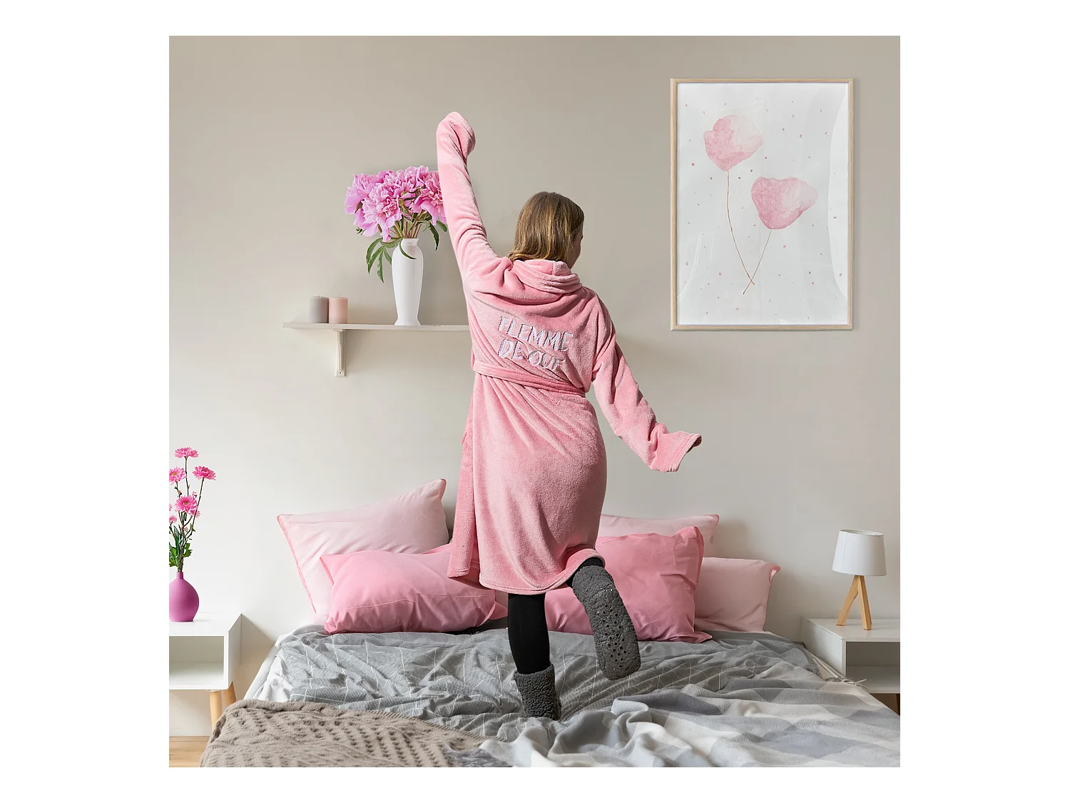 Peignoir Sherpa Grl Pwr Rose, Blanc