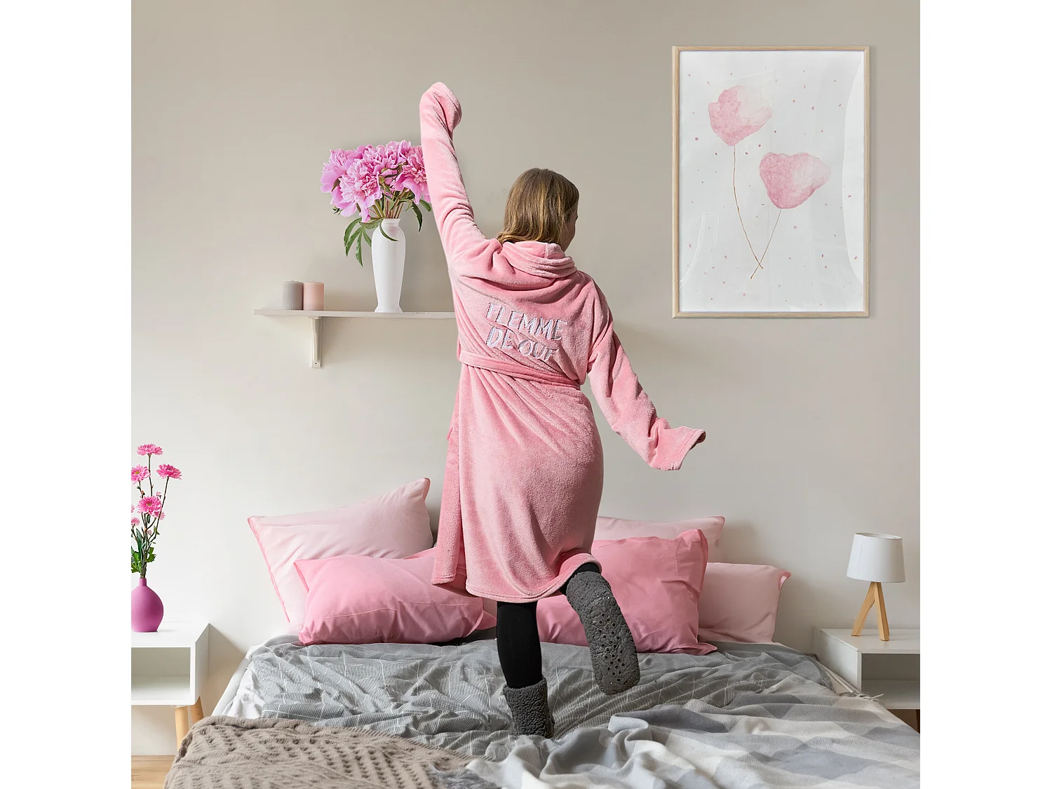 Robe de chambre - THE CONCEPT FACTORY - Sherpa - Ultra douce - Rose et blanc