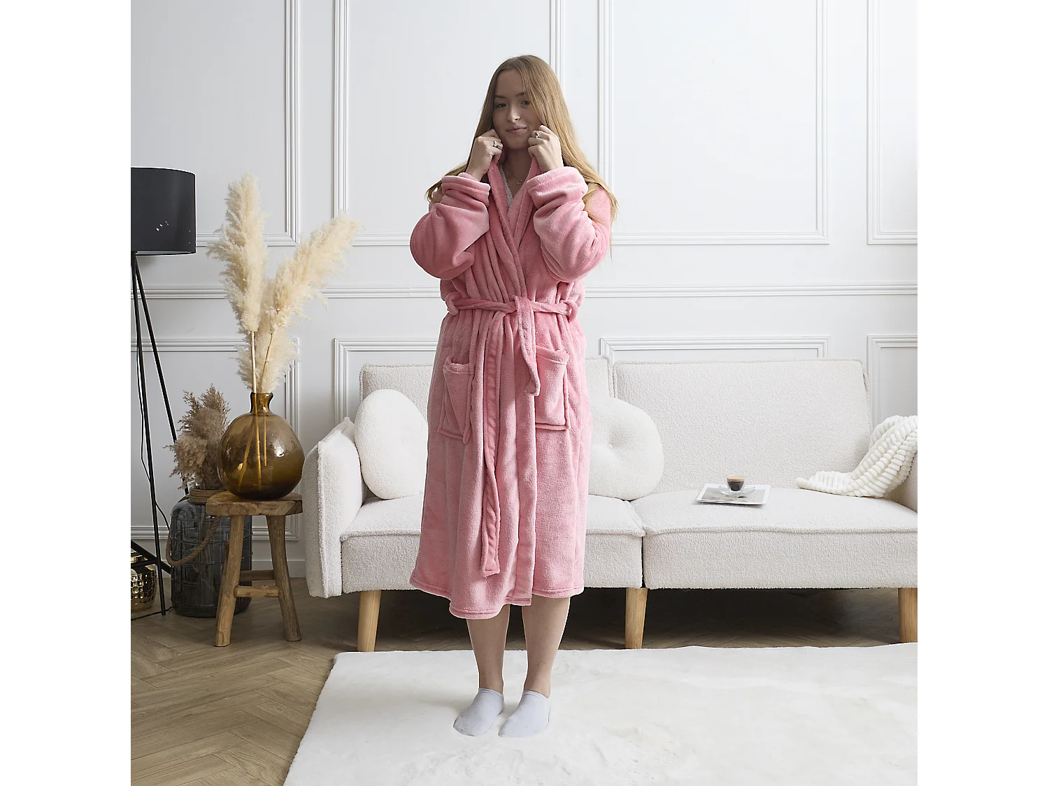 Robe de chambre - THE CONCEPT FACTORY - Sherpa - Ultra douce - Rose et blanc