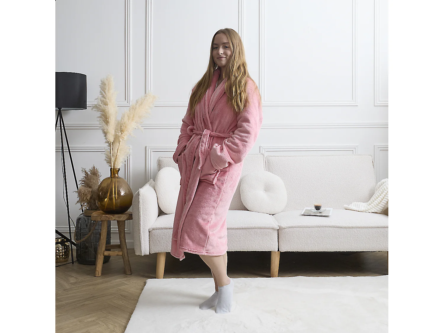 Robe de chambre - THE CONCEPT FACTORY - Sherpa - Ultra douce - Rose et blanc