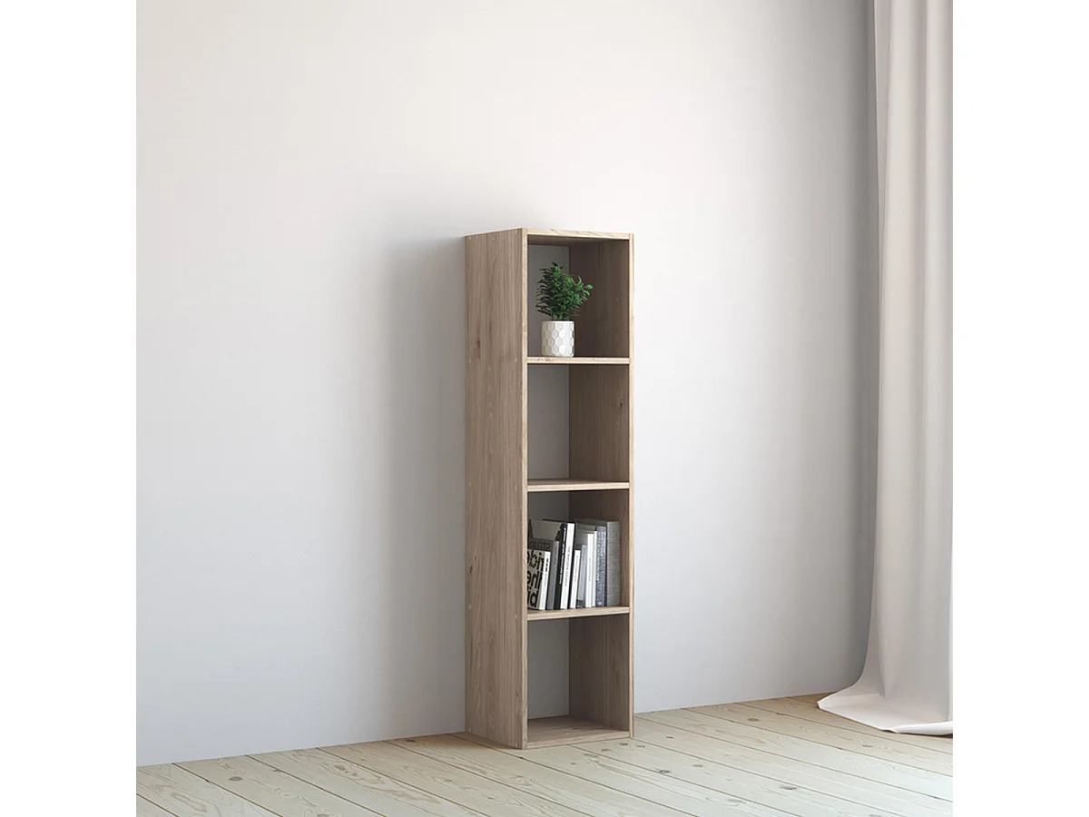 Étagère 4 cases, bibliothèque colonne de rangement ouvert pour livres et décoration coloris chêne - Longueur 34,4 x profondeur 32 x Hauteur 133.4 cm