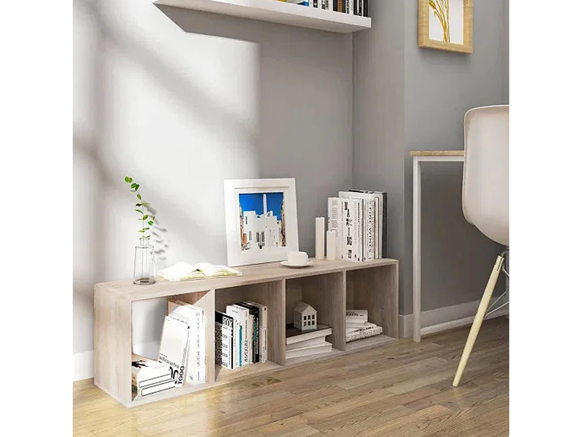 Étagère 4 cases, bibliothèque colonne de rangement ouvert pour livres et décoration coloris chêne - Longueur 34,4 x profondeur 32 x Hauteur 133.4 cm