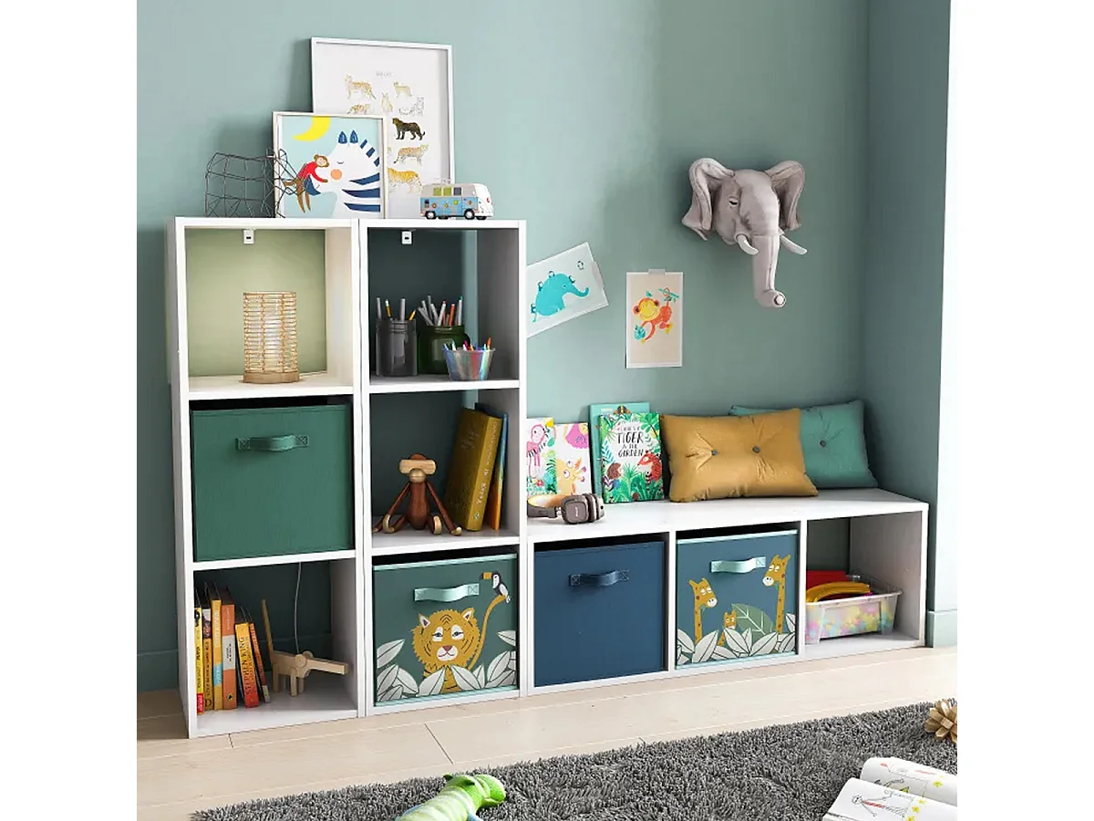 Étagère de 3 cubes à dos ouvert, meuble colonne de rangement, bibliothèque en bois coloris blanc - Longueur 34,4 x profondeur 32 x Hauteur 100.5 cm