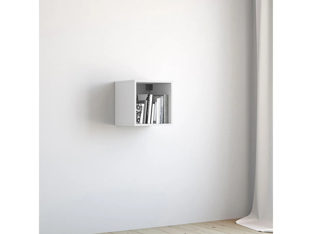 Étagère 1 case à dos ouvert, meuble de rangement en bois coloris blanc - Longueur 34,4 x profondeur 32 x Hauteur 34,4 cm