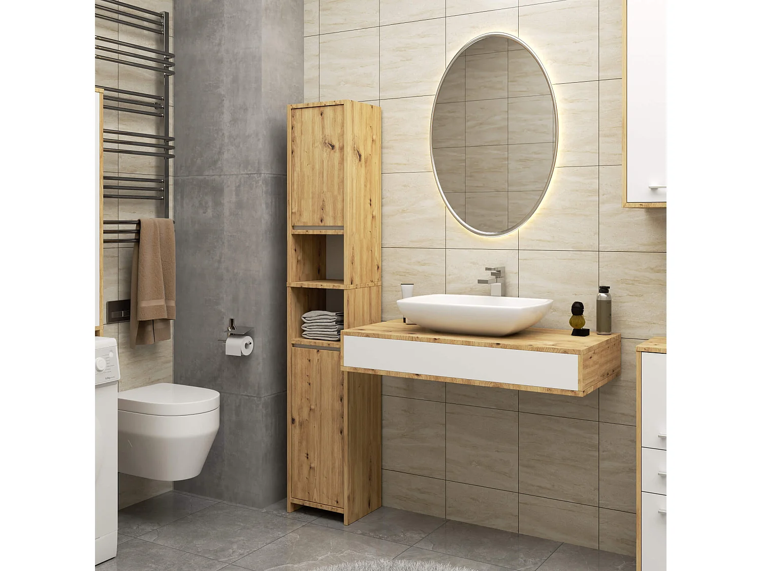 Colonne salle de bains AKORD UNI Chêne Artisan 32 cm 2 portes façade Blanche 4 étagères 32x28x180 cm