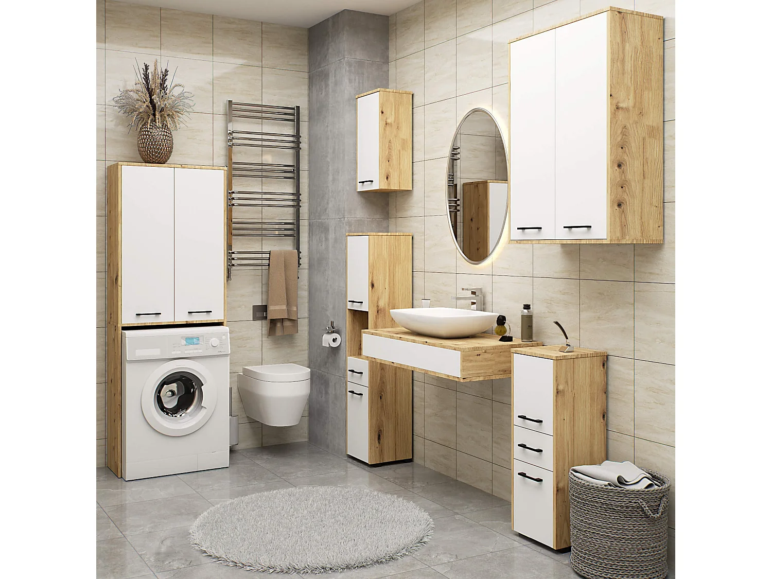 Colonne salle de bains AKORD FIN Chêne Artisan 30 cm 2 portes façade Blanche 5 étagères 30x30x140 cm