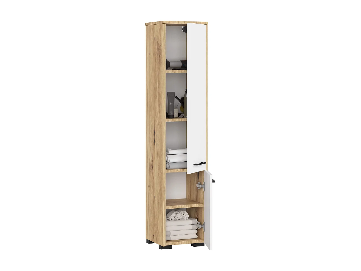 Colonne salle de bains AKORD FIN Chêne Artisan 30 cm 2 portes façade Blanche 5 étagères 30x30x140 cm