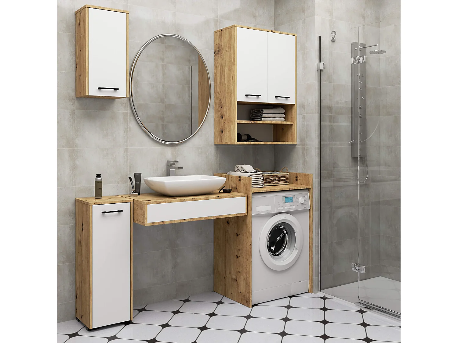 Colonne salle de bains AKORD FIN Chêne Artisan 30 cm 2 portes façade Blanche 5 étagères 30x30x140 cm