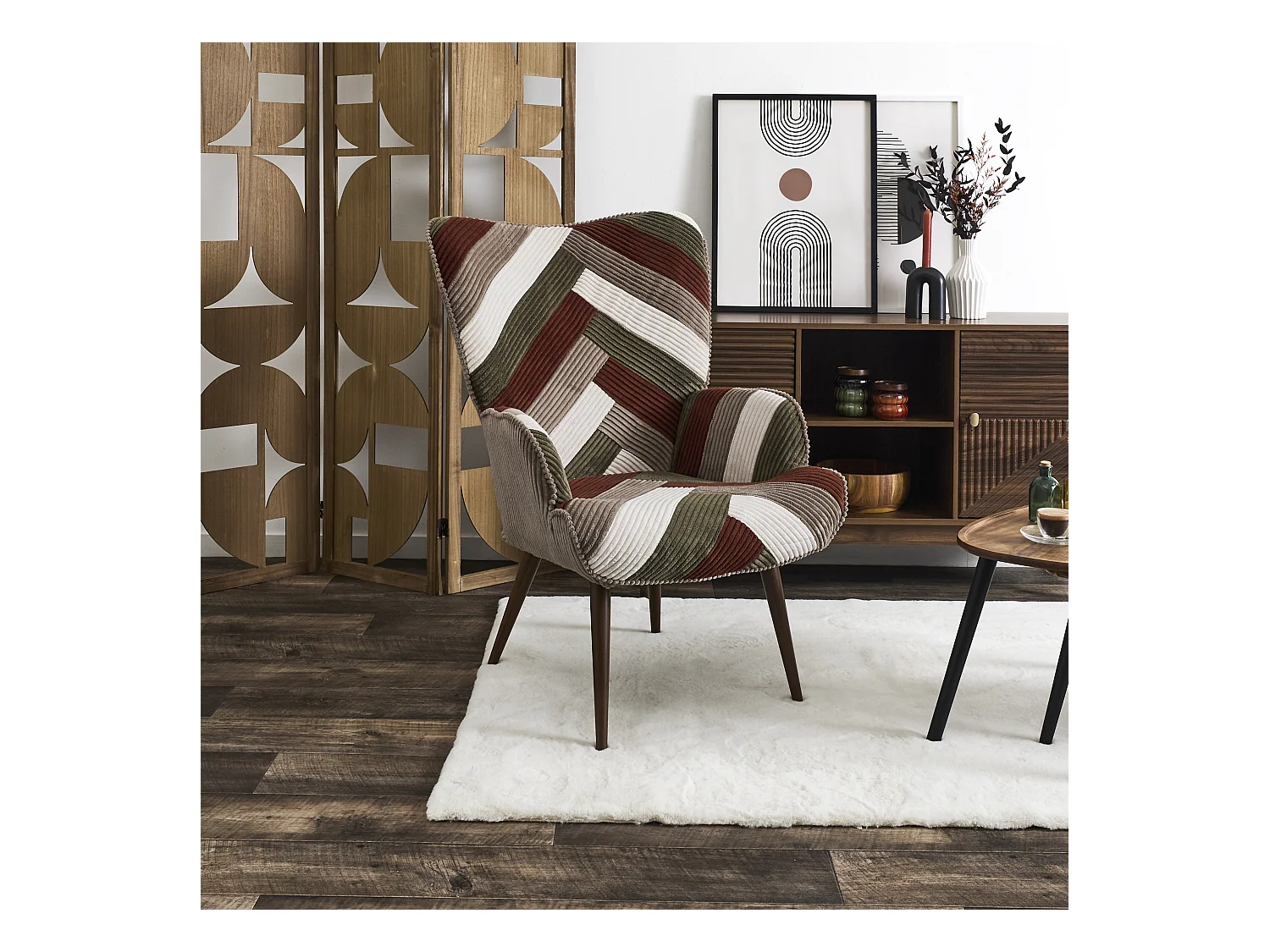 Fauteuil Salon Patchwork Cotele Scott Beige, Gris, Rouge, Vert