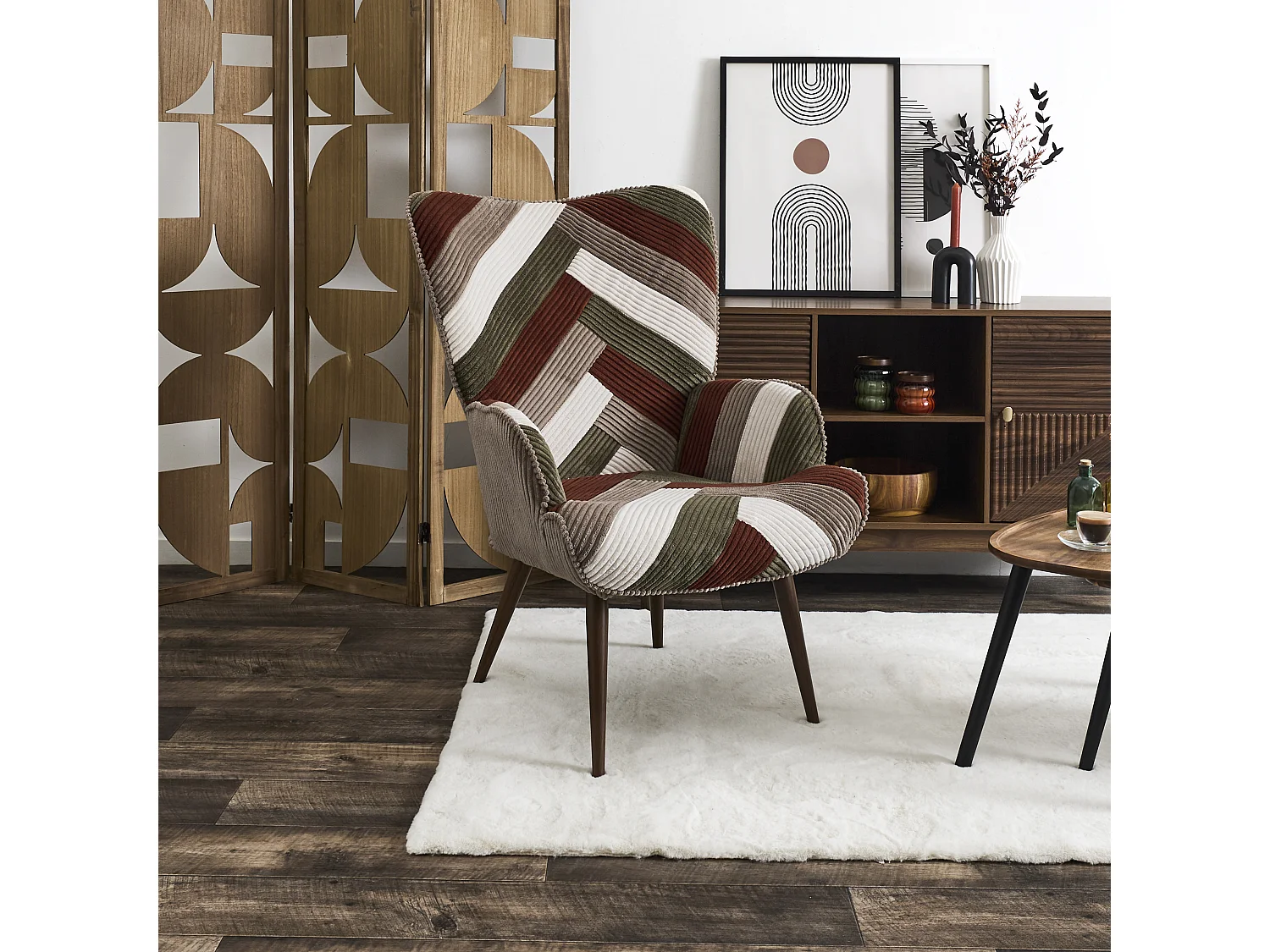 Fauteuil Salon Patchwork Cotele Scott Beige, Gris, Rouge, Vert