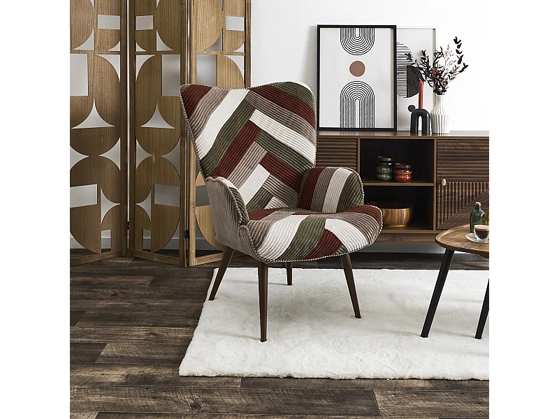 Fauteuil Salon Patchwork Cotele Scott Beige, Gris, Rouge, Vert