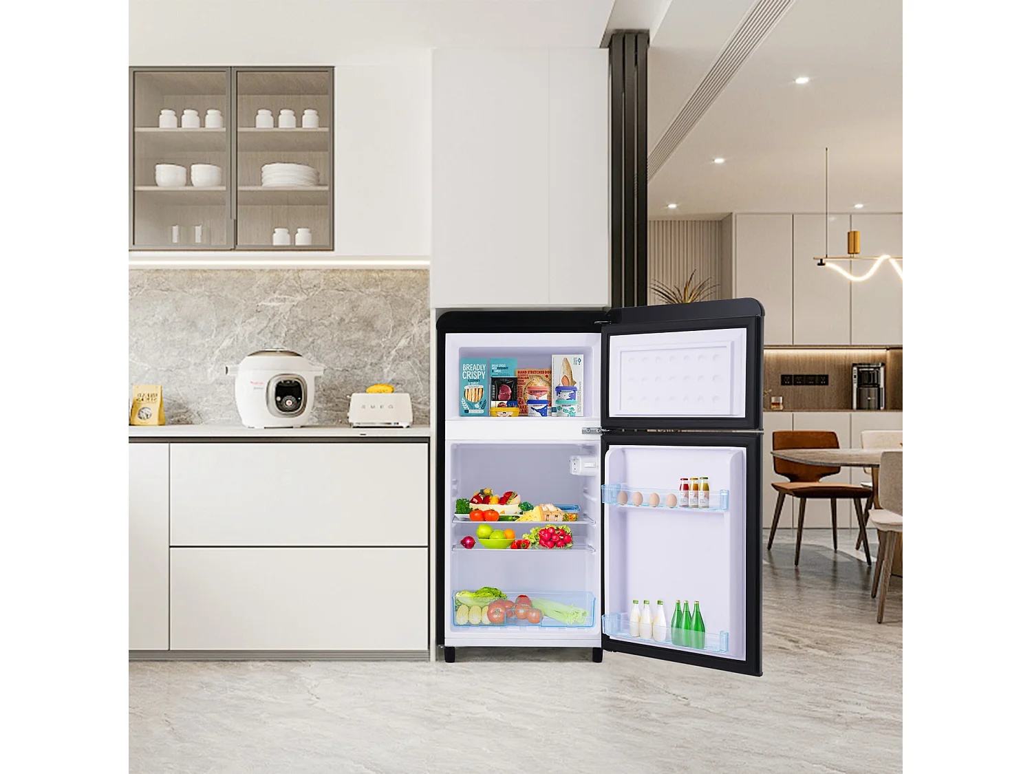 Réfrigérateur à double porte avec pieds réglables et roulettes - 72L - 120kWh/an - Faible niveau sonore de 39 dB - Classe E - 45x44x91cm