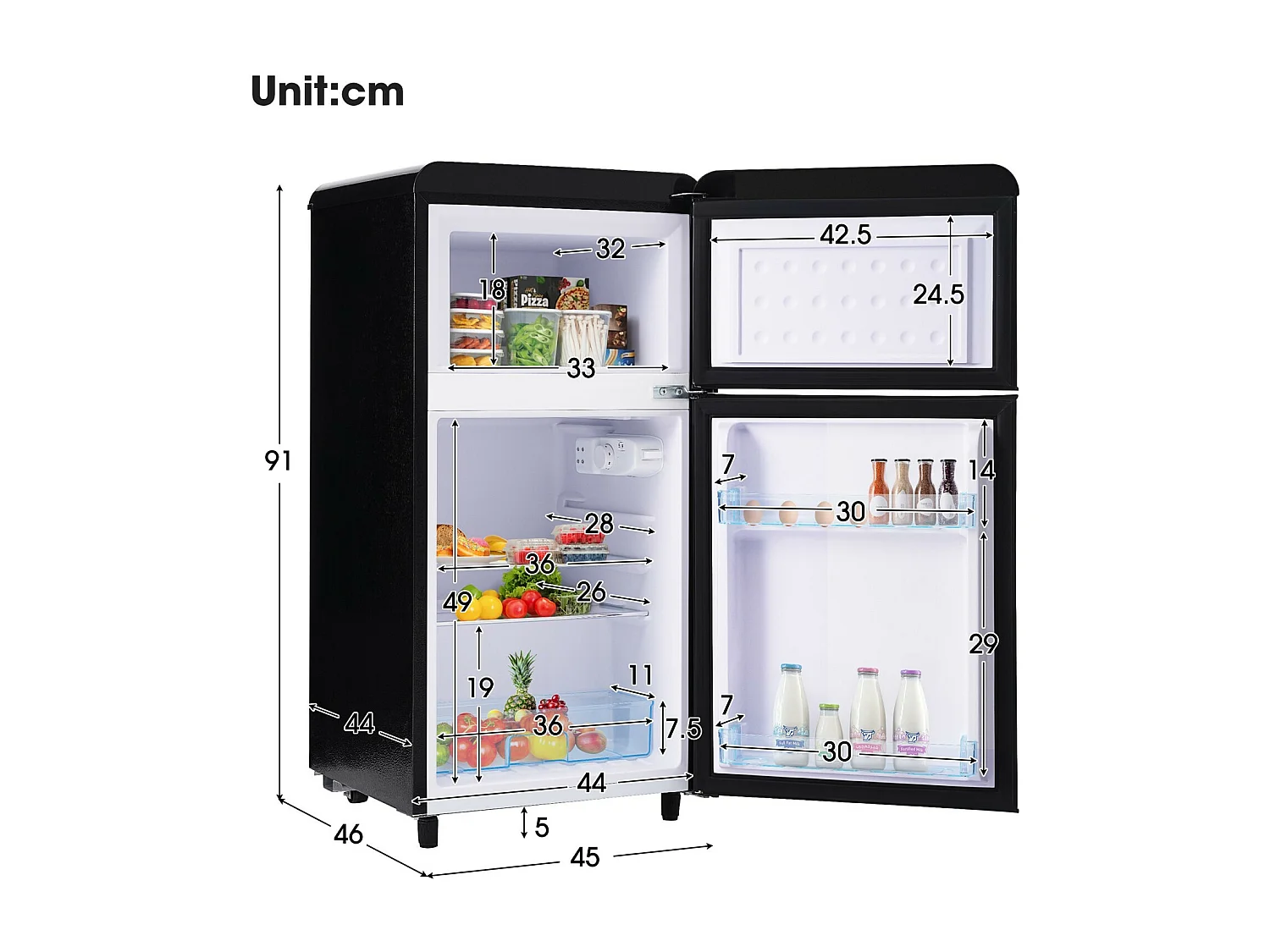 Réfrigérateur à double porte avec pieds réglables et roulettes - 72L - 120kWh/an - Faible niveau sonore de 39 dB - Classe E - 45x44x91cm