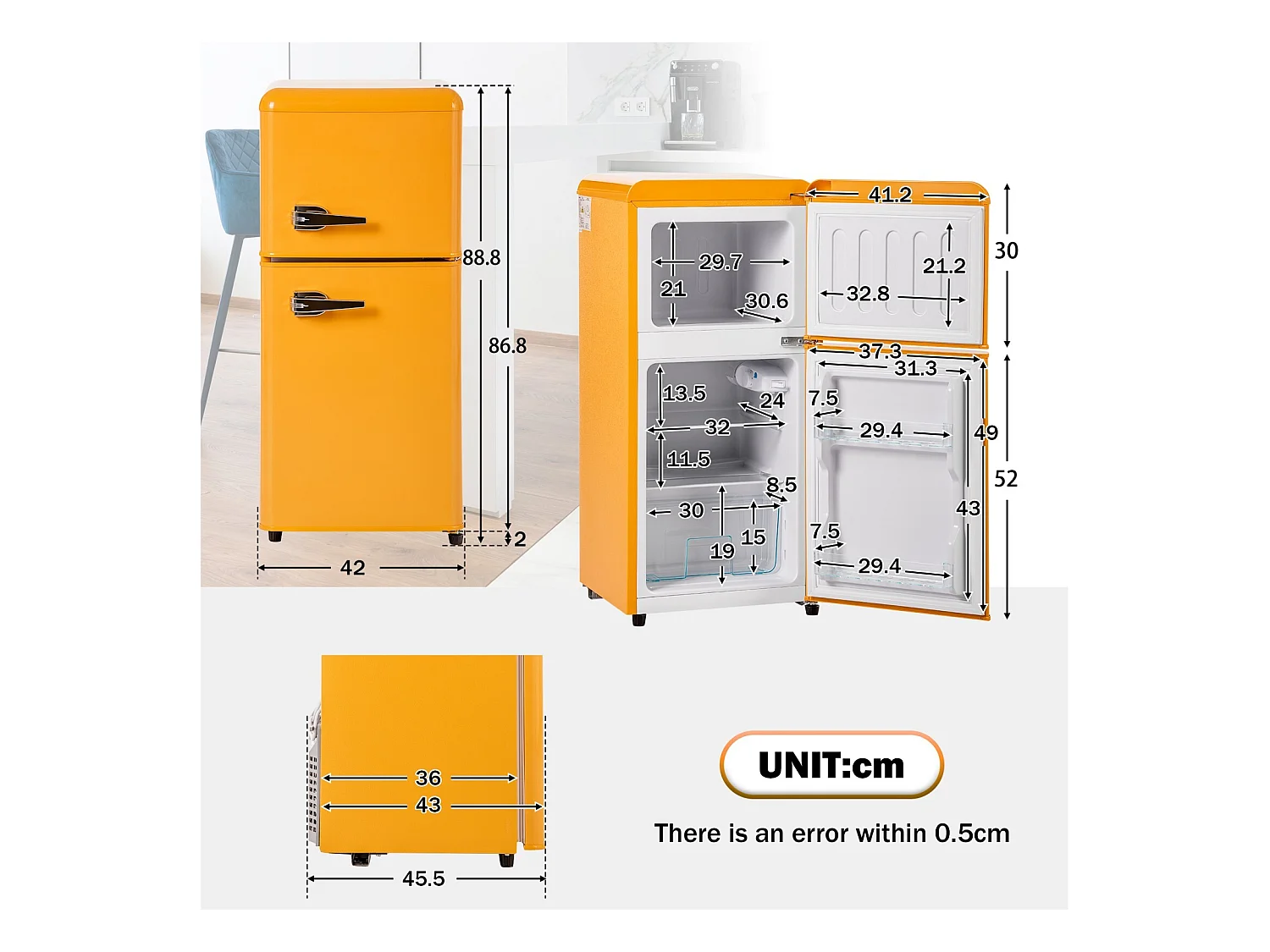 Mini Réfrigérateur 22L + 38L, 7 niveau température, -27°C∽13°C, sonore 45 dB, classe énergétique E, 102kWh/an, 42x45.5x88.8cm