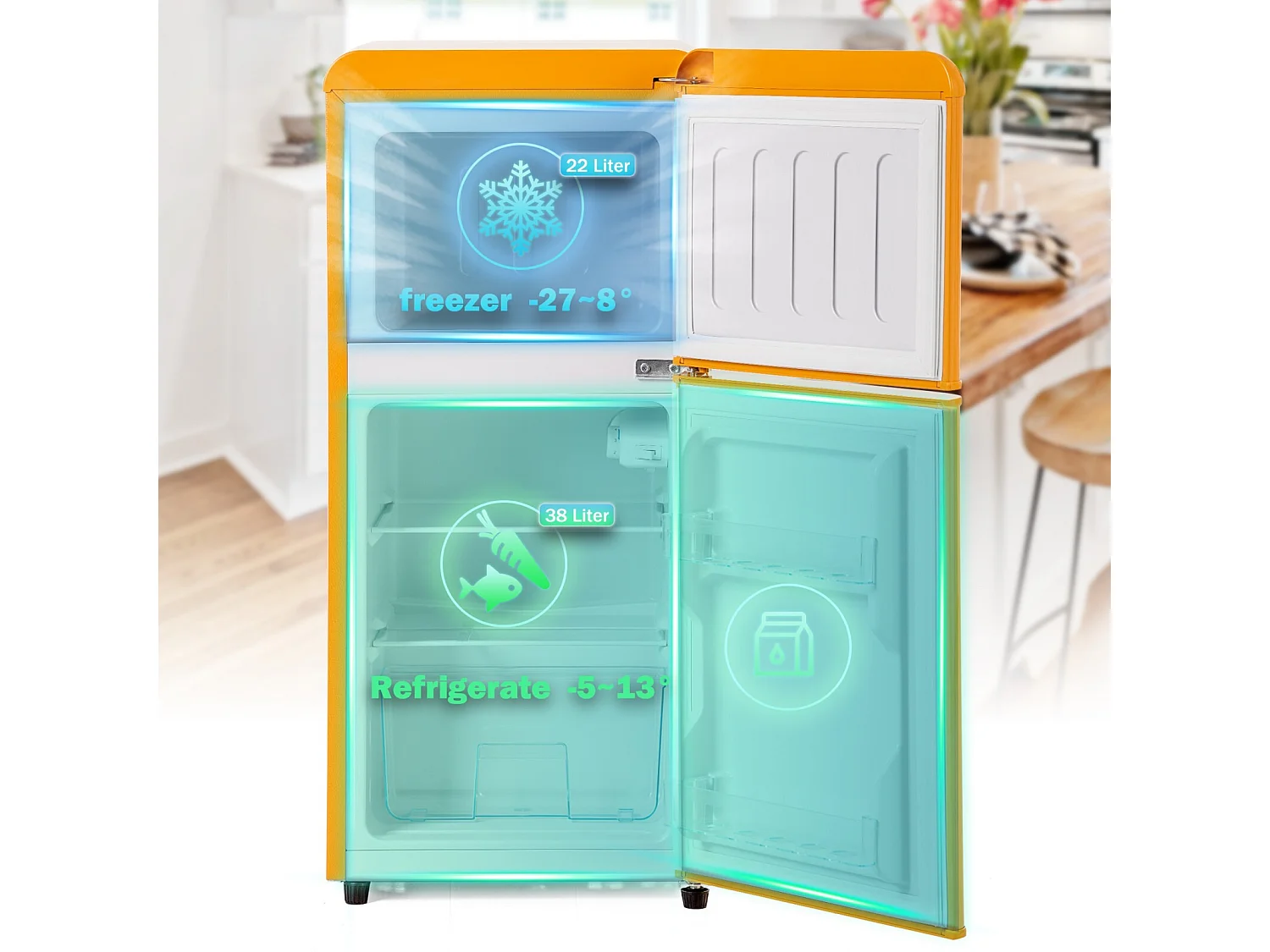 Mini Réfrigérateur 22L + 38L, 7 niveau température, -27°C∽13°C, sonore 45 dB, classe énergétique E, 102kWh/an, 42x45.5x88.8cm