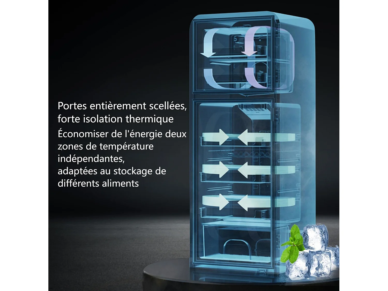 Mini Réfrigérateur 22L + 38L, 7 niveau température, -27°C∽13°C, sonore 45 dB, classe énergétique E, 102kWh/an, 42x45.5x88.8cm