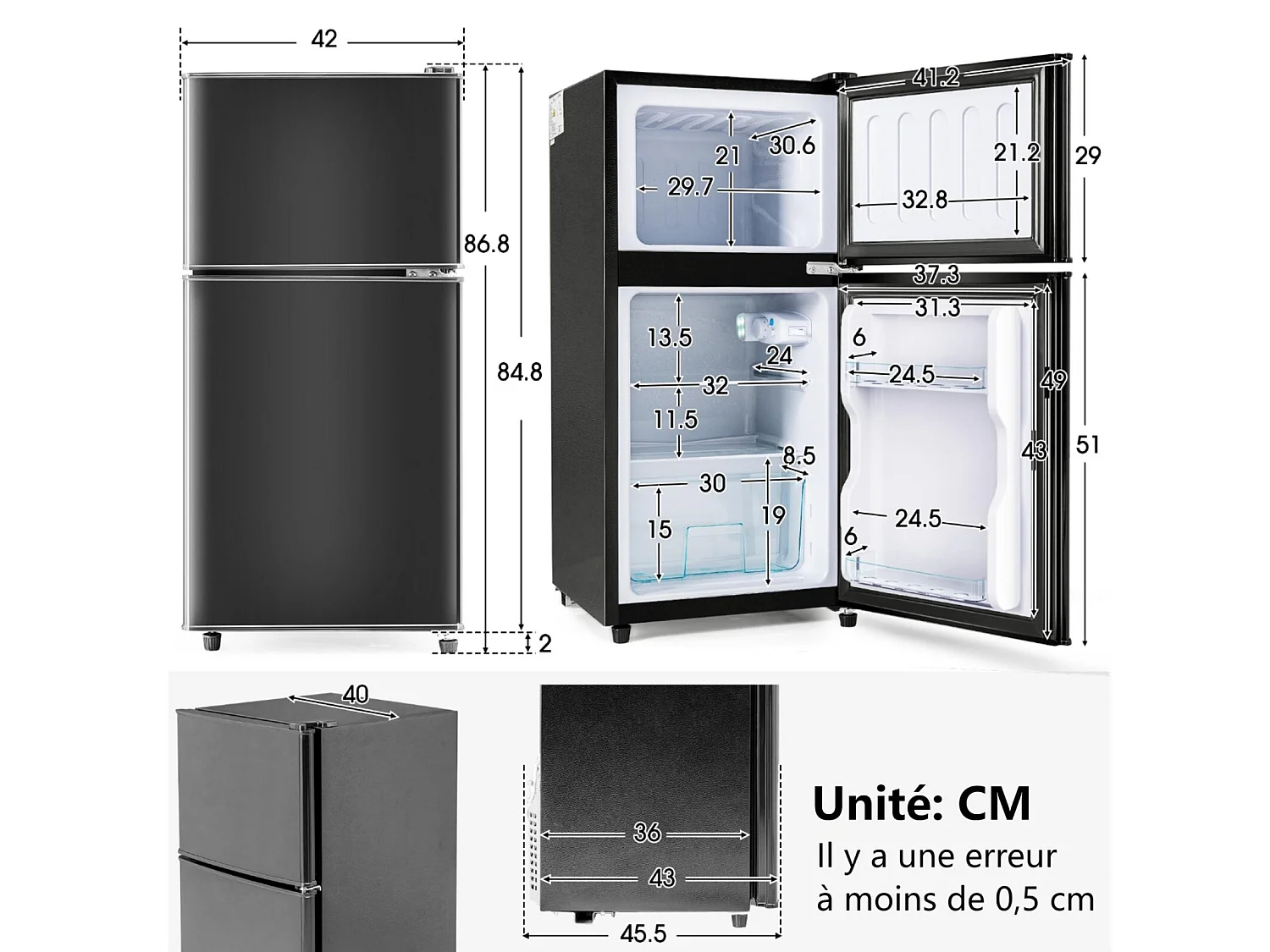 Réfrigérateur 22L+38L avec LED, pieds réglable, 172 kWh/an, -27 °C à 13 °C, 7 Niveau Température, énergétique E, 42x45.5x86.8cm